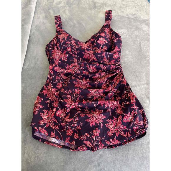 Lands End Red Floral Print Ruched V Neck Adjustable Straps Tankini Top Swimwear - Picture 5 of 5